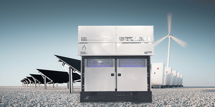 Image shows a natural gas PowerCore with a wind turbine and solar panels.