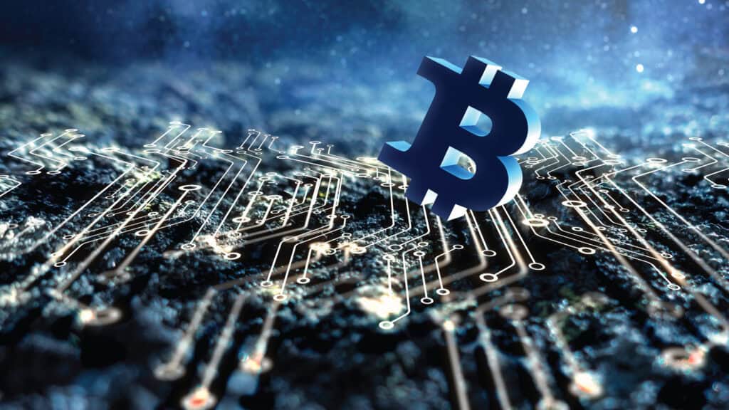 This stock image shows a crypto mining background graphic.