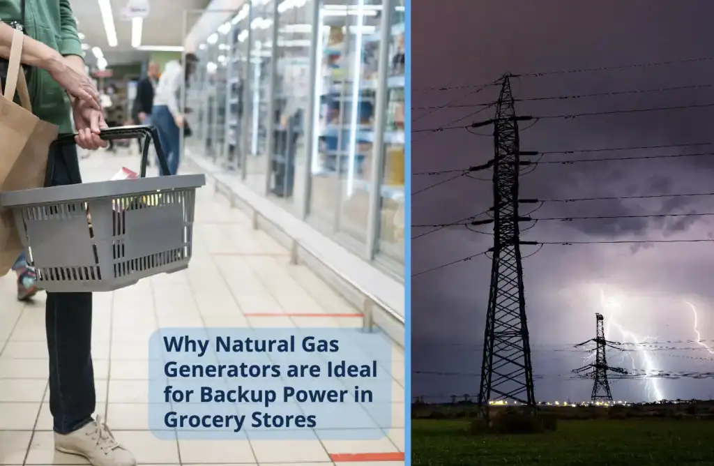 Grocery store freezer aisle on the left side and a storm on the right side shows the need for emergency back up power for grocery stores.