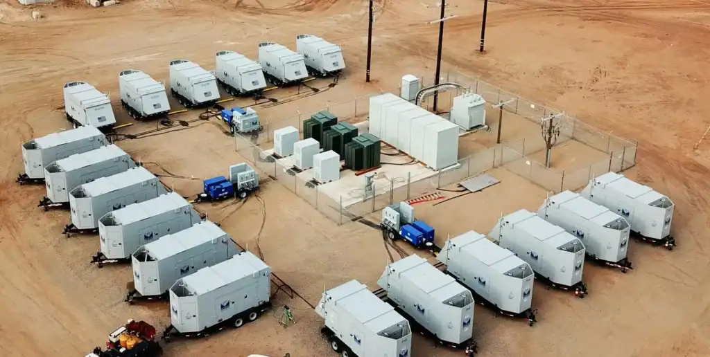 An aerial image taken with a drone of a Mesa Power Solutions natural gas generator microgrid.