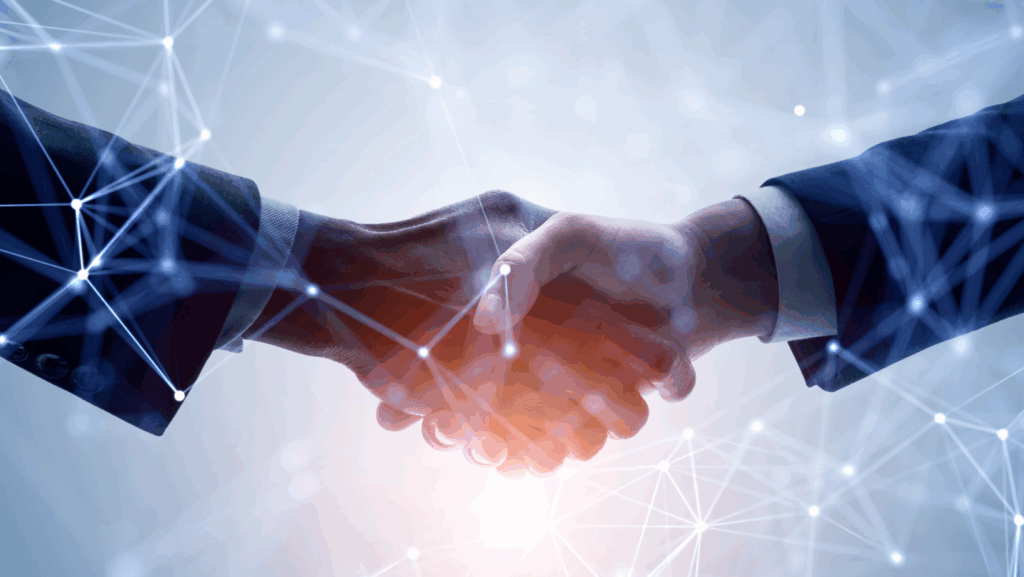 This picture portrays two hands shaking in partnership, highlighting the importance of collaborative relationships with like-minded people, organizations and industry leaders. Together, these pillars embody Mesa Power Solutions' strategy as the next generation of power and energy, working towards a resilient future in power solutions.