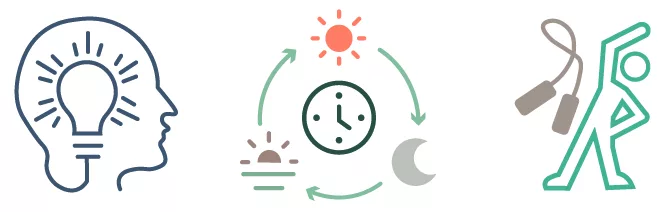 Mesa Power Solutions uses icons that show a focused brain, a daily routine and physical activity and how they relate to wellness within any job role.