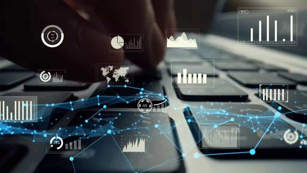 Creative visual of business data and finance analysis over a computer keypad showing the concept of statistical investment decision making methodology, fintech and financial engineering .
