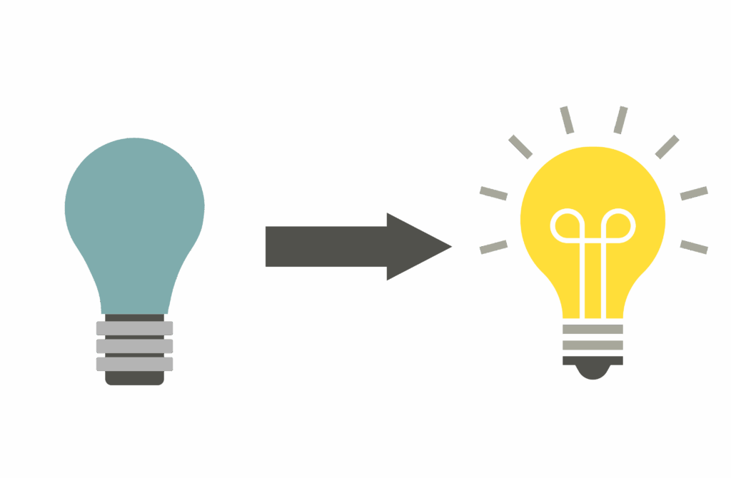 Two lightbulbs demonstrate going beyond the basics with one lightbulb being off and then an arrow to show that the light bulb is then turned on.