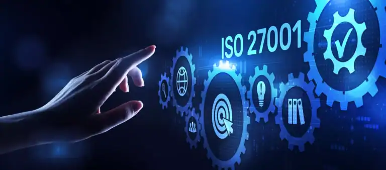 Mesa Power Solutions receives a quality control ISO 27001 achievement. The image shows mechanical gears with a touch screen concept.