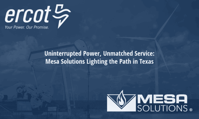 A Infographic of ERCOT which shows Deregulated Energy, and Mesa Power Solutions in Texas. Key points: ERCOT's role, deregulation, Mesa's distributed generation, demand response, and collaboration with providers for reliable energy solutions.