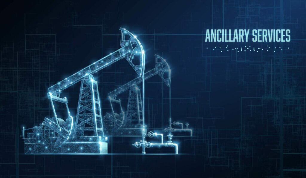 Oil pumps shown with a dark blue textured grid background to show various electric power generators and grid monitoring equipment and how they are apart of ancillary services.
