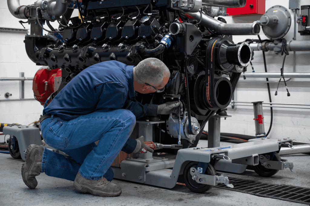 Mesa Power Solutions assembly technician working on an engine with a ratchet.