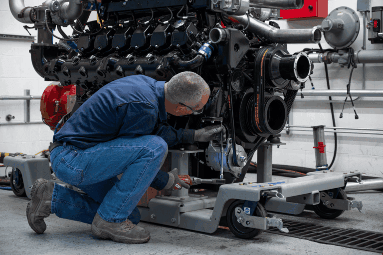Mesa Power Solutions assembly technician working on an engine with a ratchet.