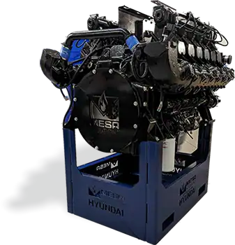 A transparent image of an engine on a Mesa Power Solutions engine stand.