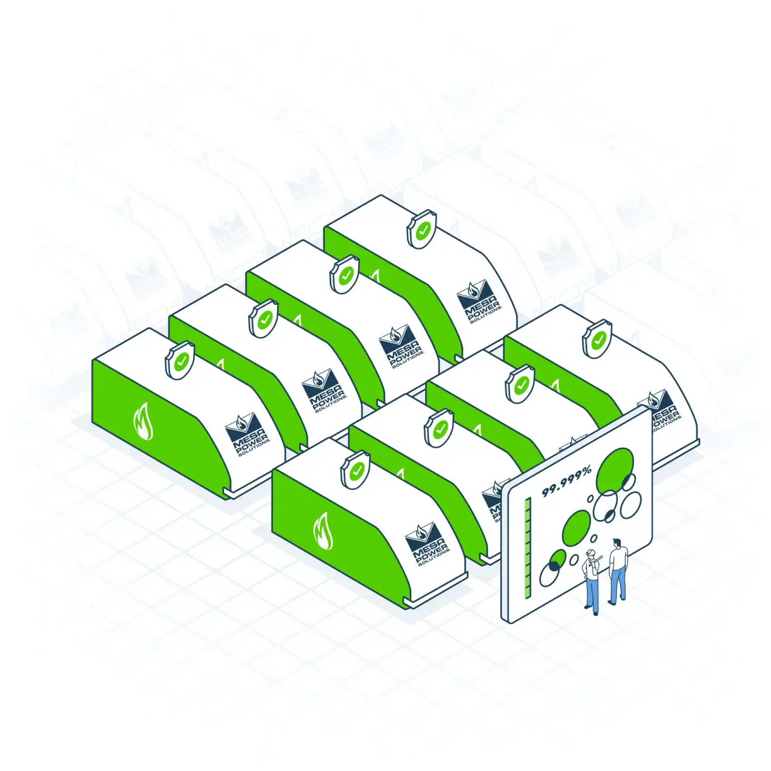 Mesa Power Solutions power yard mockup train drawing with 99.9% up time shown on data screen with two men.