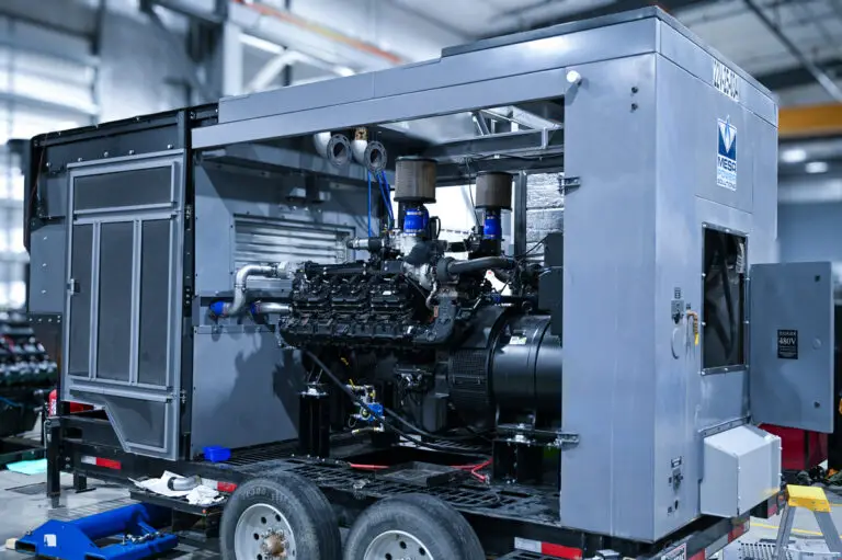 Mesa gray natural gas generator with its side panels removed to show the interior view of the engine.